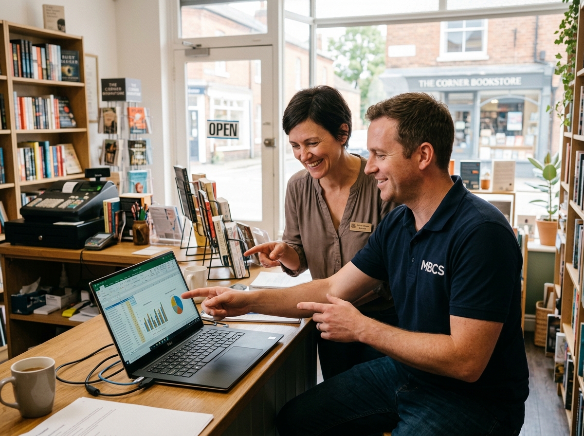 Technician helping a small business owner set up their network