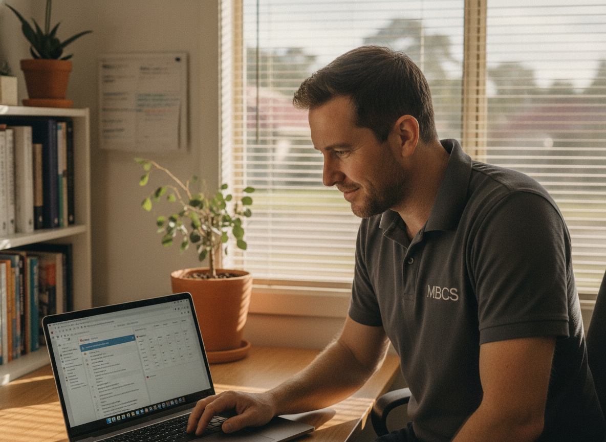 Technician setting up Microsoft 365 email on a business laptop