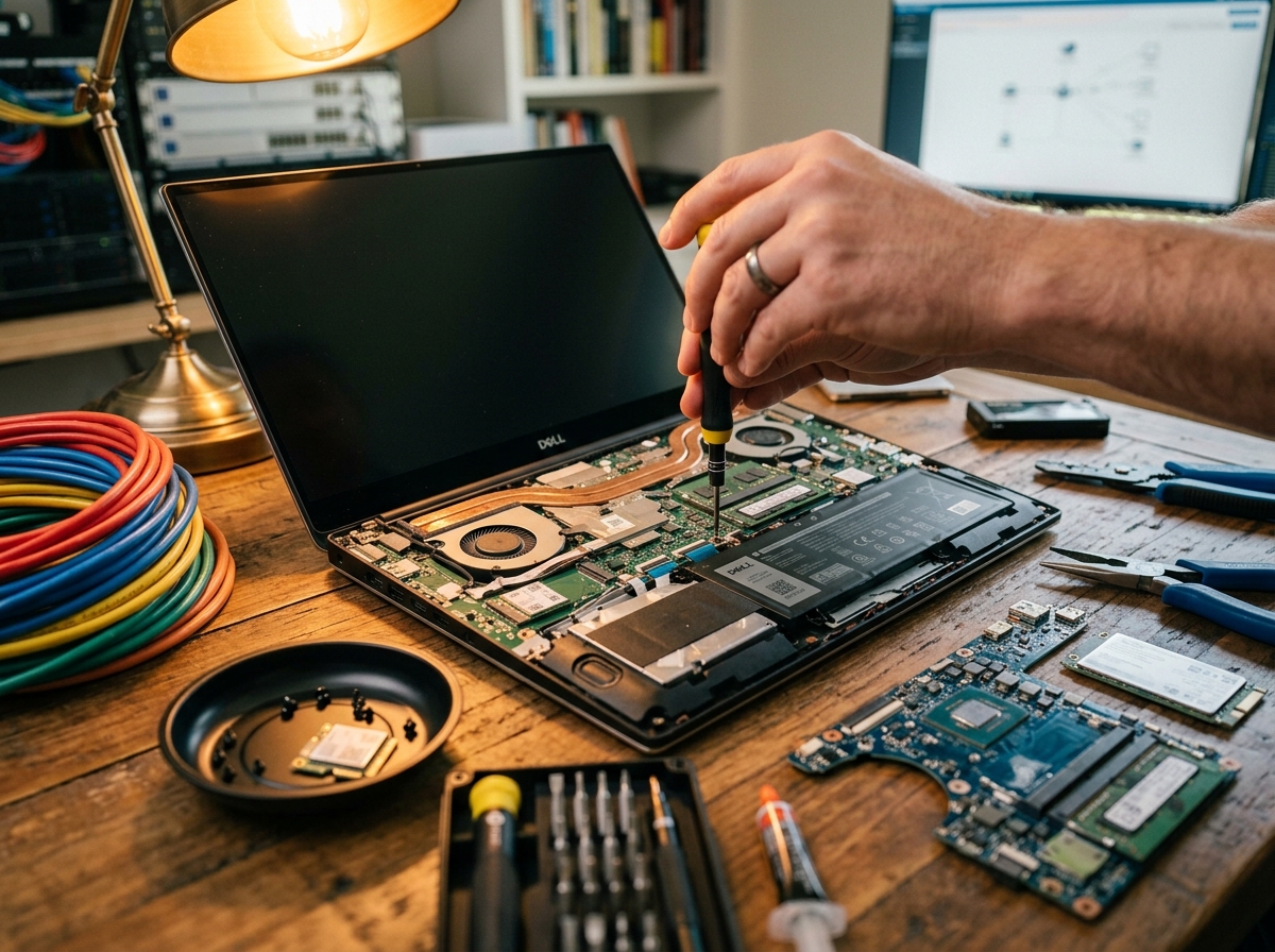 Technician repairing a laptop on a workbench