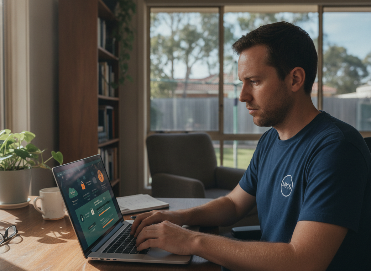 Technician setting up backup software on a desktop computer