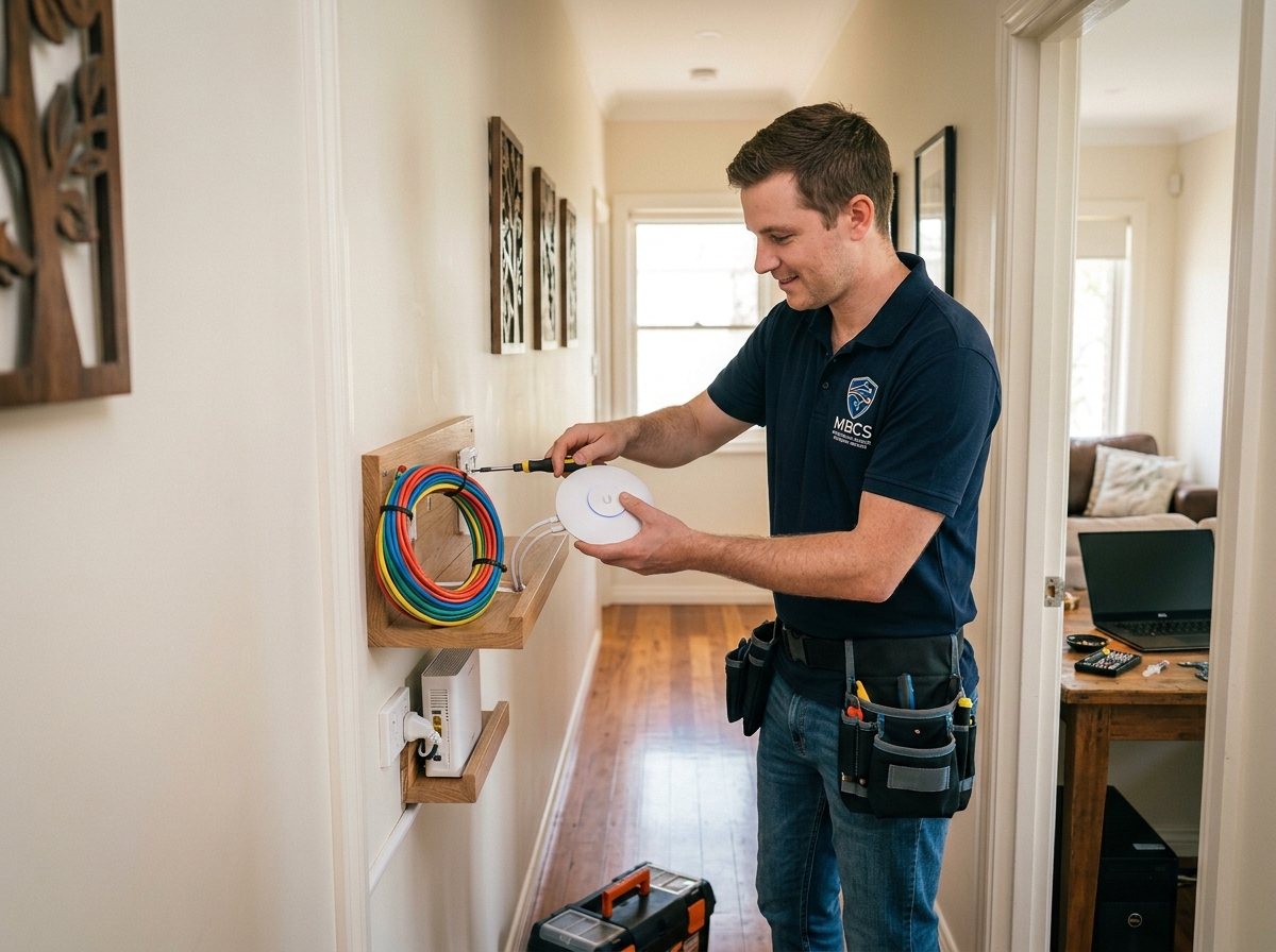 Technician installing a mesh Wi-Fi router in a home